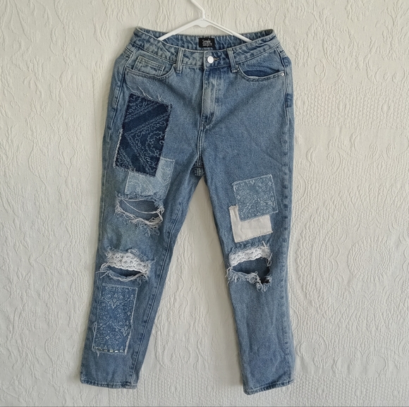 Simple Society Patchwork Straight Leg Jeans Lace Beaded Distressed Grunge Boho - Picture 13 of 13